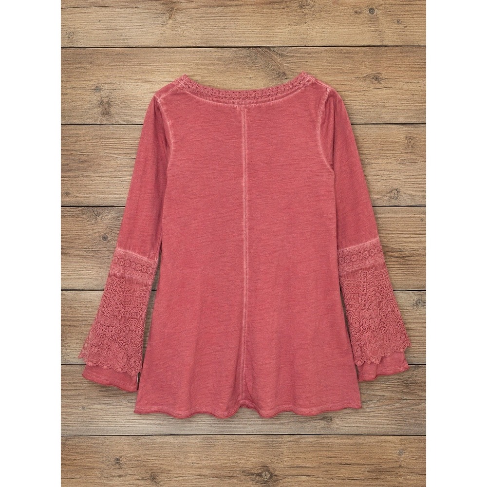 Soft Surroundings Womens Dusty Rose Tunic Top Lace Bell Sleeve V Neck Cotton - Picture 3 of 8